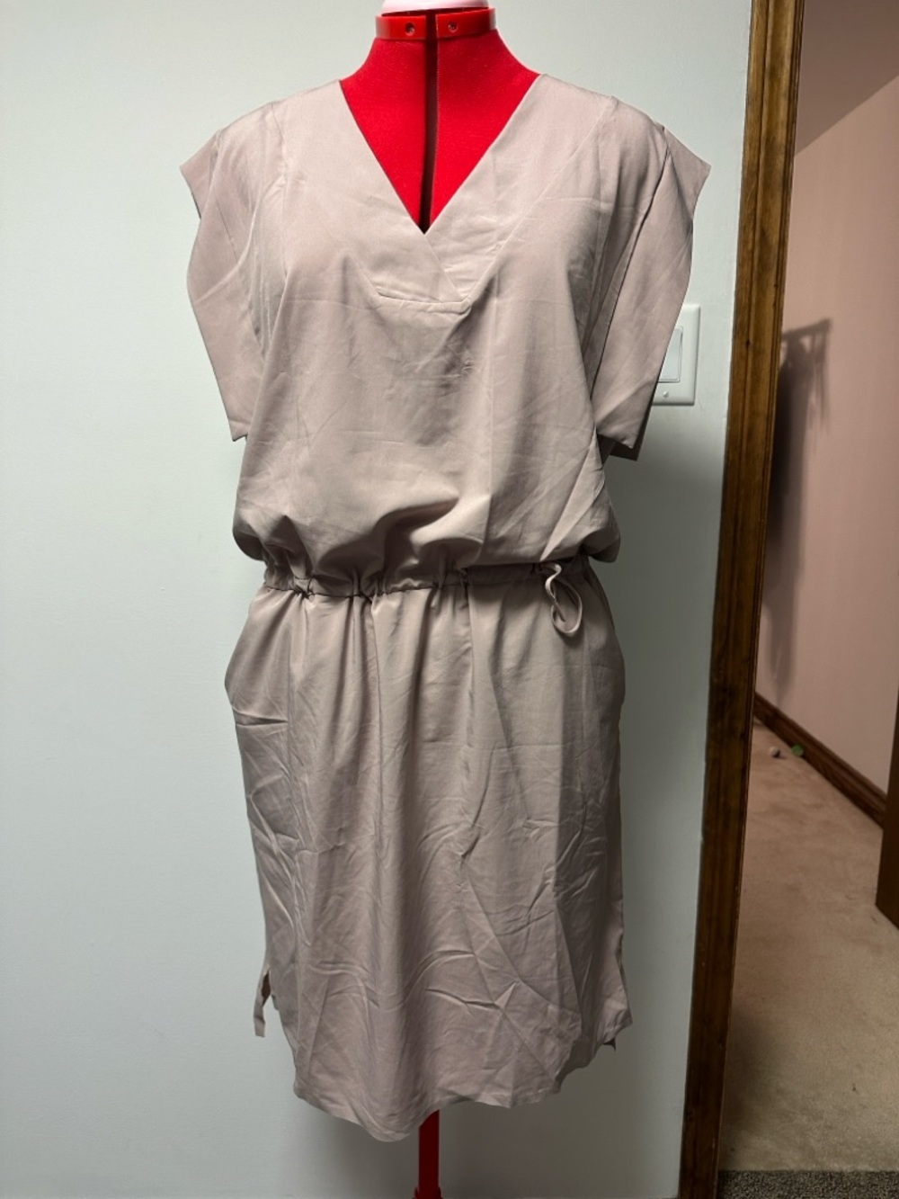 Women’s Blush Beige V-Neck Drawstring Waist Dress